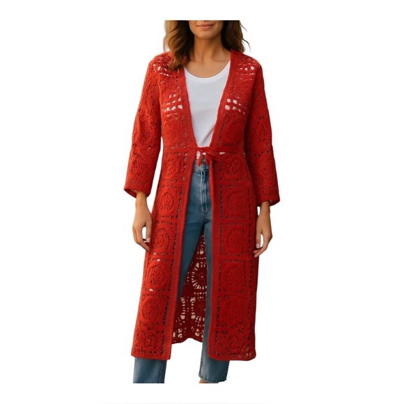 Anthropologie Raj Rust Color Crochet Cardigan Kimono Duster One Size Boho Beach - Picture 1 of 6